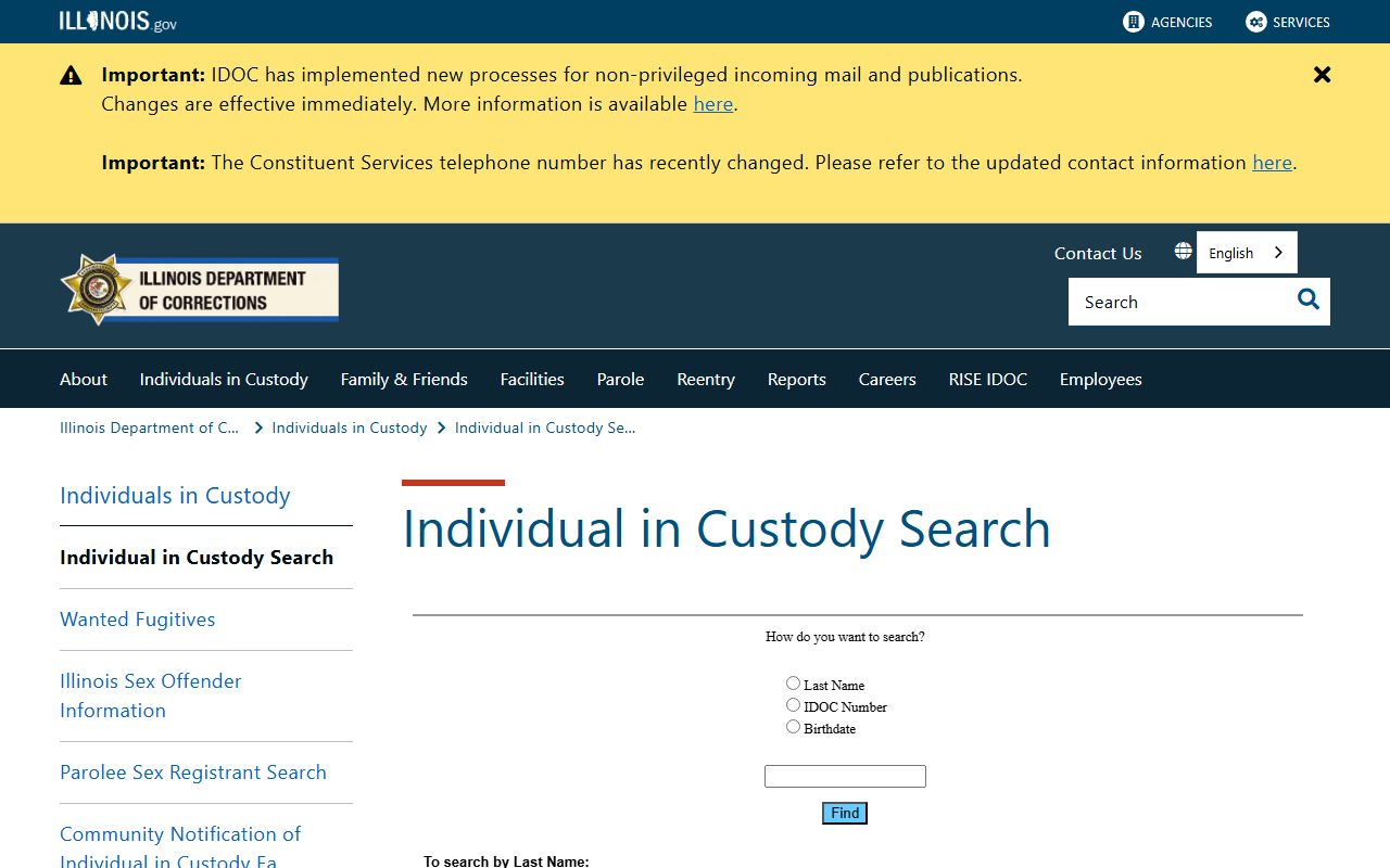 Illinois DOC Individual in Custody Search