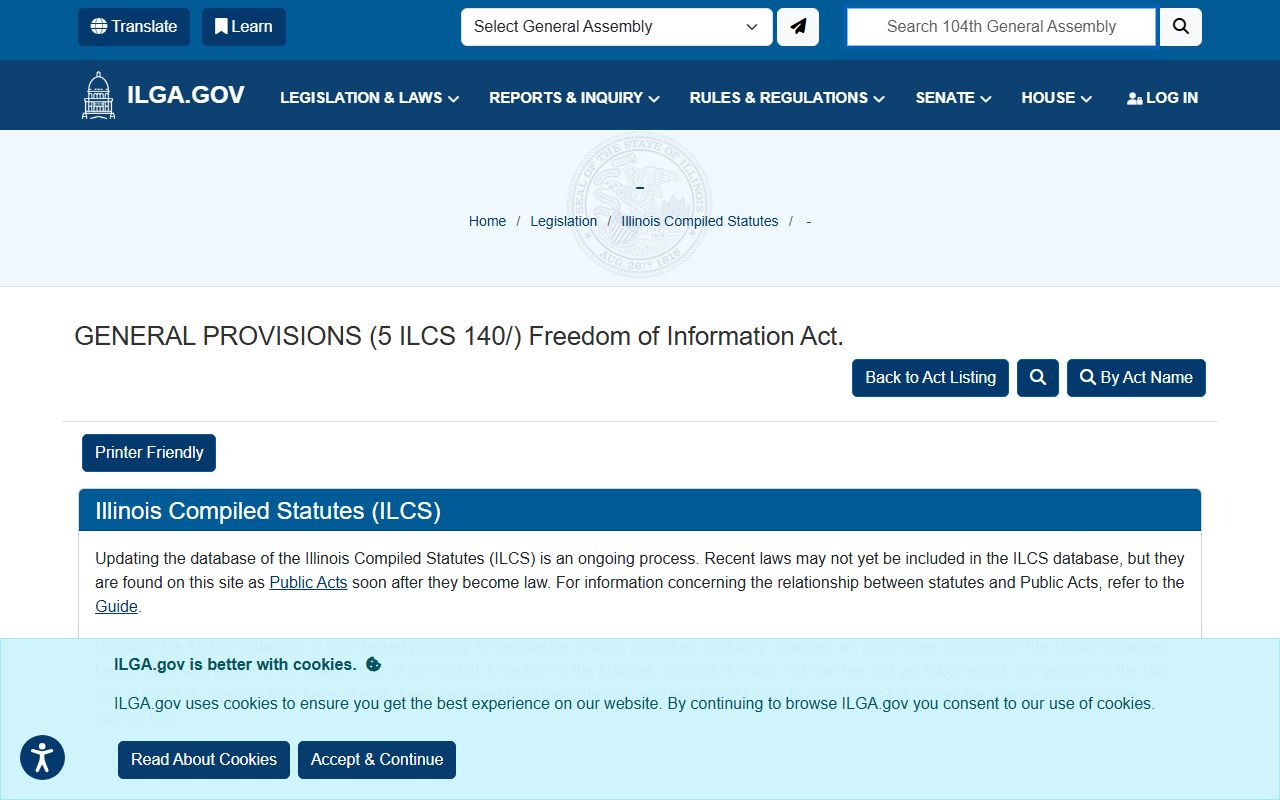 Illinois FOIA statute table at the General Assembly site